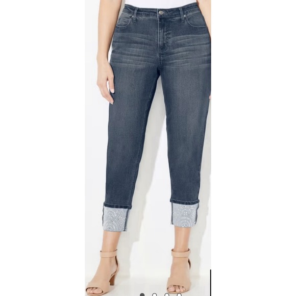 Catherine's‎ Shimmer Cuff Capri Jeans Plus Size 30 Stretch Bling Embellished - Picture 1 of 8